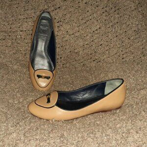 TORY BURCH-Dakota-Tan/Black Leather-Bow-Smoking Flats-Classic-Sz 5.5-Excellent